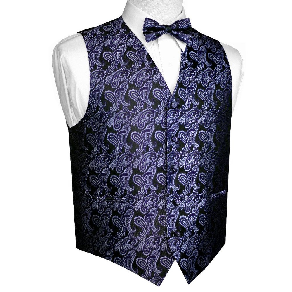 Men's Formal Wedding Prom Homecoming Tuxedo Vest Bow-Tie Hankie - Purple Paisley